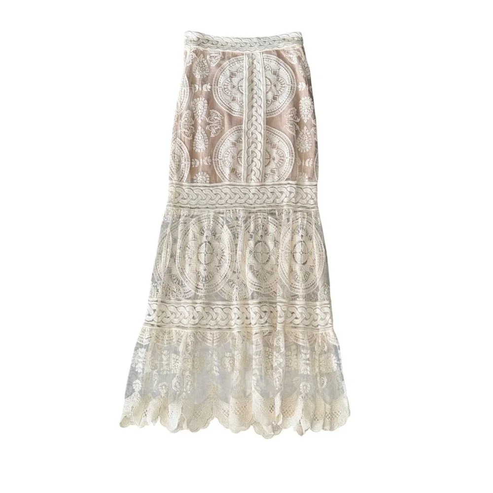 Jen's Pirate‎ Booty Lace Maxi Skirt & Top Set Women XS White Nude Excellent Boho
